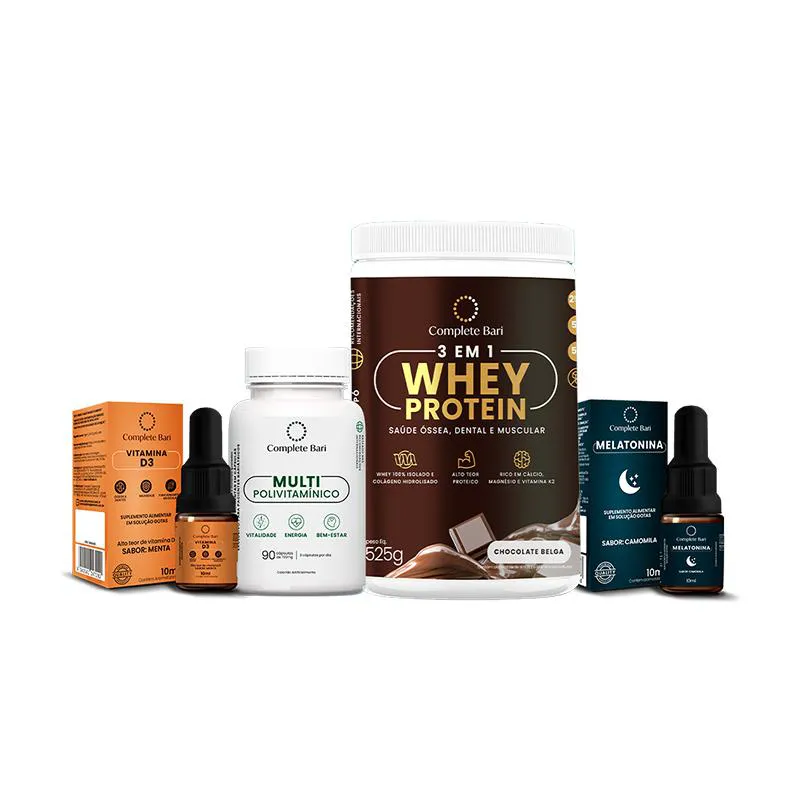 Kit 1 Multi + 1 Whey Isolado Chocolate Belga + 1 Vitamina D3 + 1 Melatonina Complete Bari