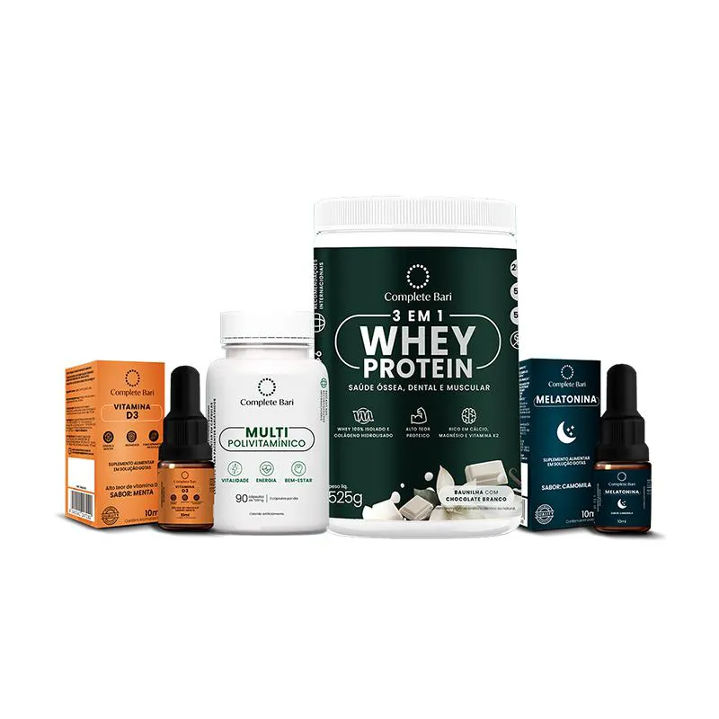 Kit 1 Multi + 1 Whey Isolado Baunilha com Chocolate + 1 Vitamina D3 + 1 Melatonina Complete Bari