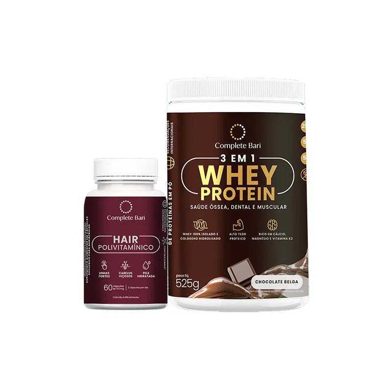 Kit 1 Polivitaminico Cabelos e Unhas + 1 Whey Isolado Chocolate Belga Complete Bari
