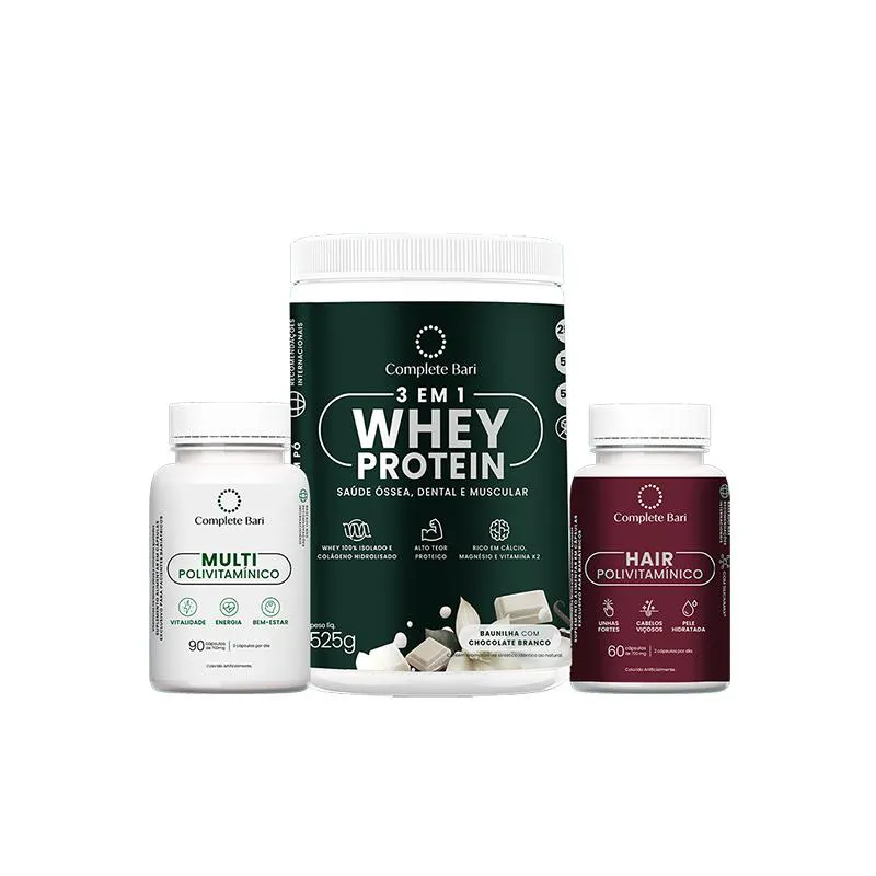 Kit 1 Multi + 1 Polivitaminico Cabelos e Unhas + 1 Whey Isolado Baunilha com Chocolate Complete Bari