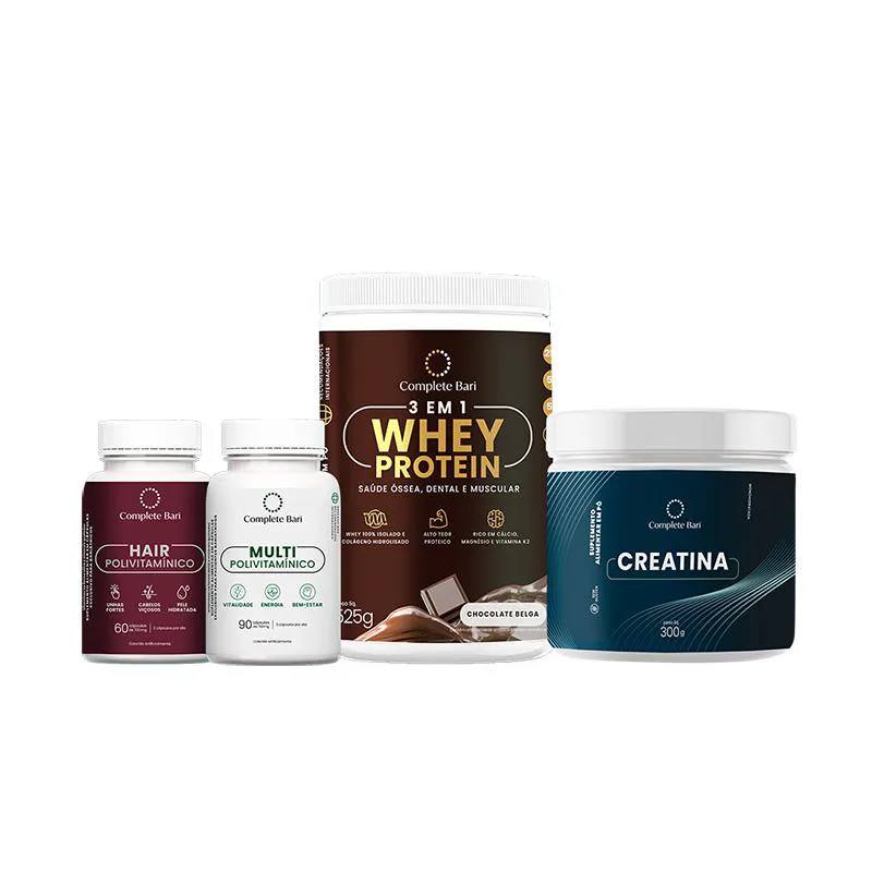 Kit 1 Multi + 1 Polivitaminico Cabelos e Unhas + 1 Whey Isolado Chocolate Belga + 1 Creatina Complete Bari