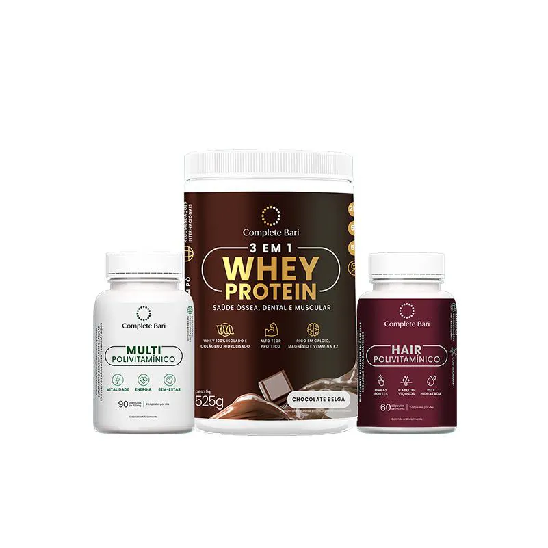 Kit 1 Multi + 1 Polivitaminico Cabelos e Unhas + 1 Whey Isolado Chocolate Belga Complete Bari