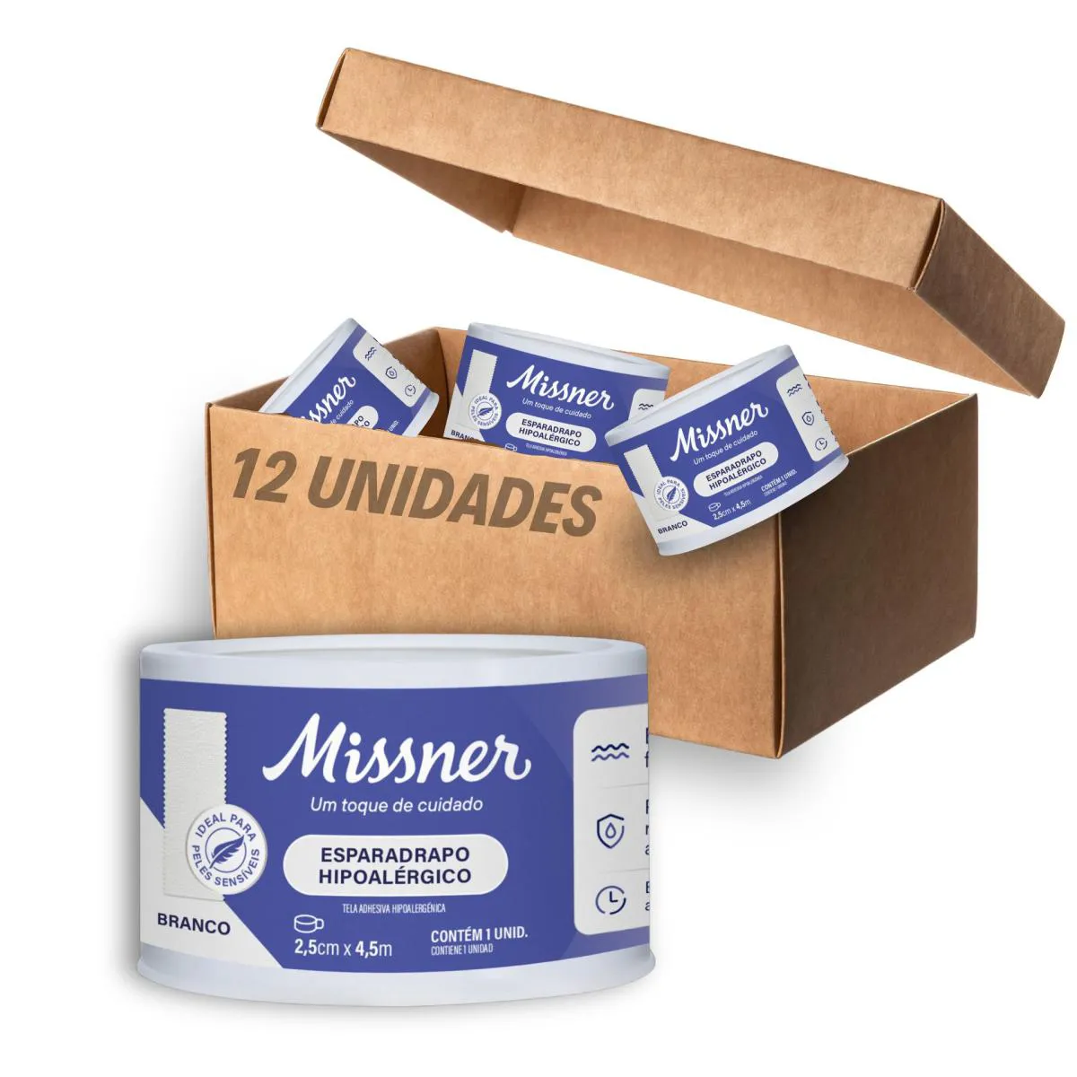 Esparadrapo Impermeável Hipoalérgico Missner 2,5cm X 4,5m - 12 UNIDADES
