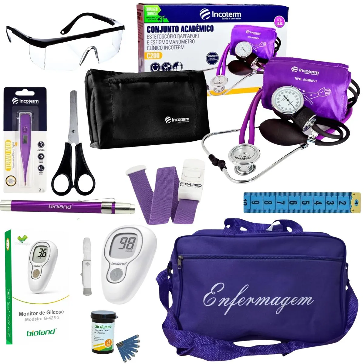 KIT DE ENFERMAGEM ROXO INCOTERM COM ESFIGMOMANÔMETRO E ESTETOSCÓPIO COMPLETO