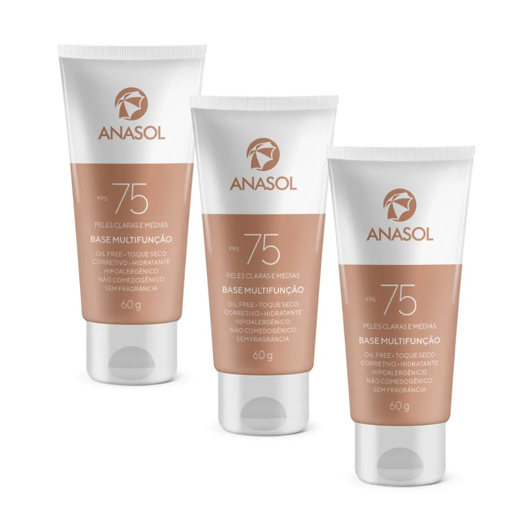 Kit Anasol Base Multifunção Peles Claras e Médias FPS 75 Toque Seco  3 UNIDADES  Vegano 60 g