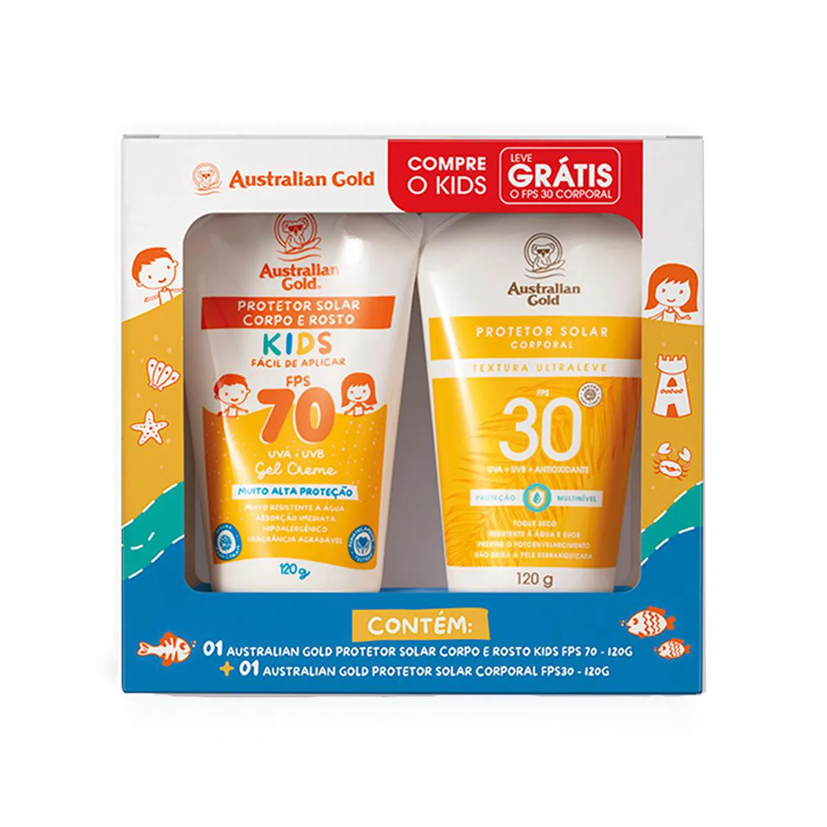 Kit Protetor Solar Australian Gold Kids FPS 70 120g + Corporal Alta Proteção FPS 30 120g