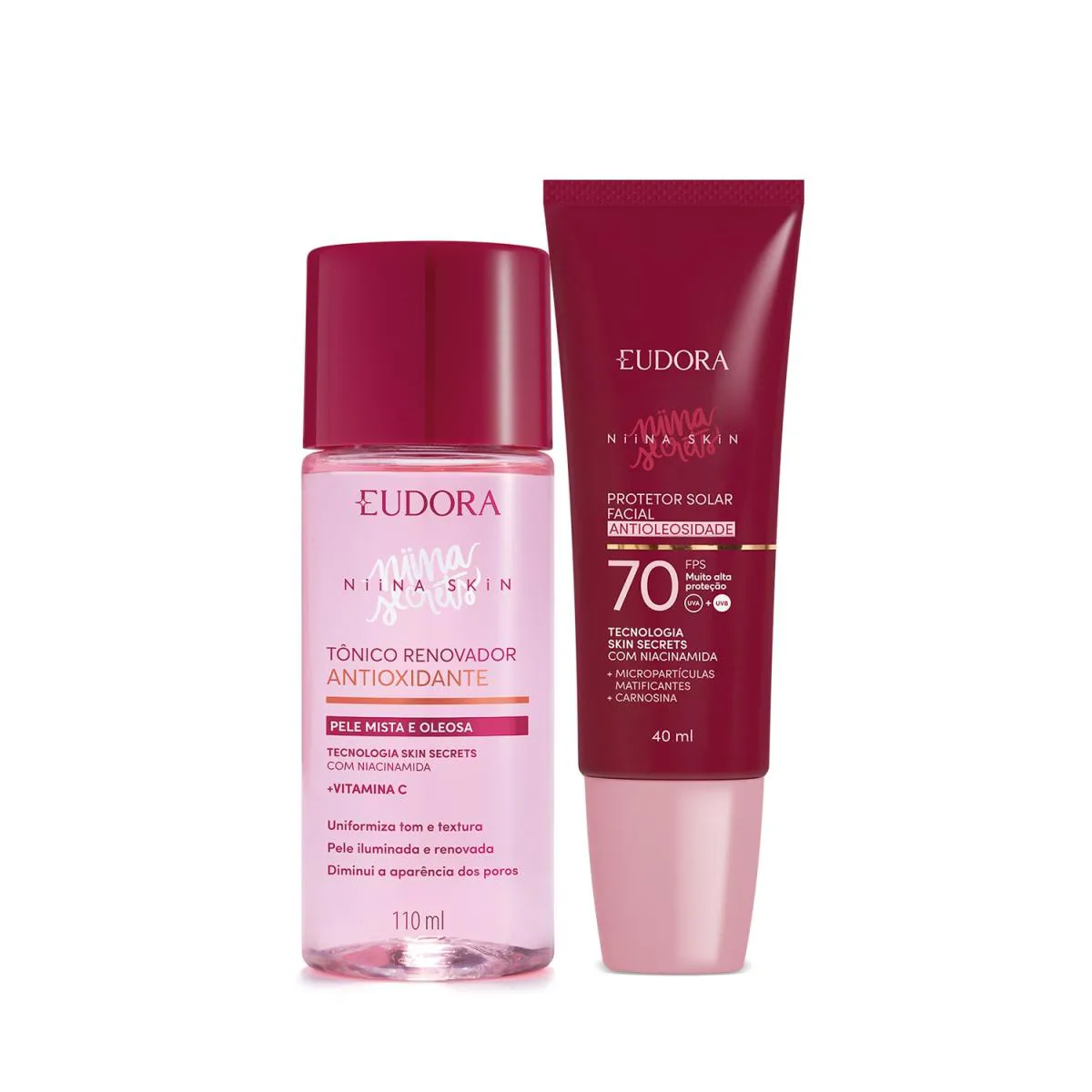 Niina Secrets Skin: Tônico Renovador 110ml + Protetor Solar Facial FPS 70 40ml