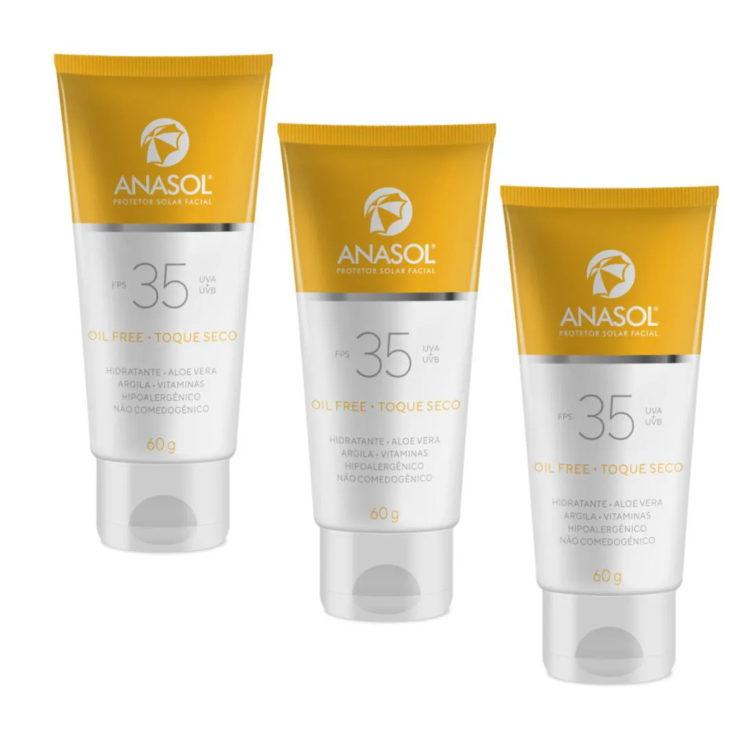 Kit Anasol Protetor Facial Fps 35  60 gr Toque Seco com 3 unidade Vegano