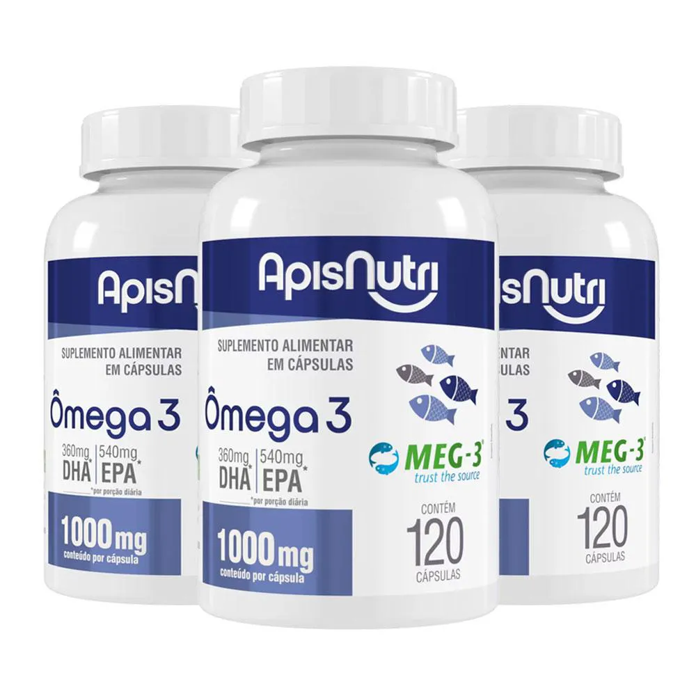 Kit 3 Omega 3 Óleo de Peixe EPA e DHA 1000mg 120 Caps Apisnutri