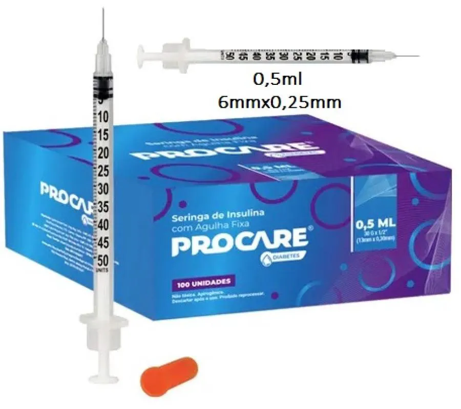 Seringa De Insulina 0,5ml C/ Agulha Fixa 0,25mmX6mm com 100 und. Procare - botox
