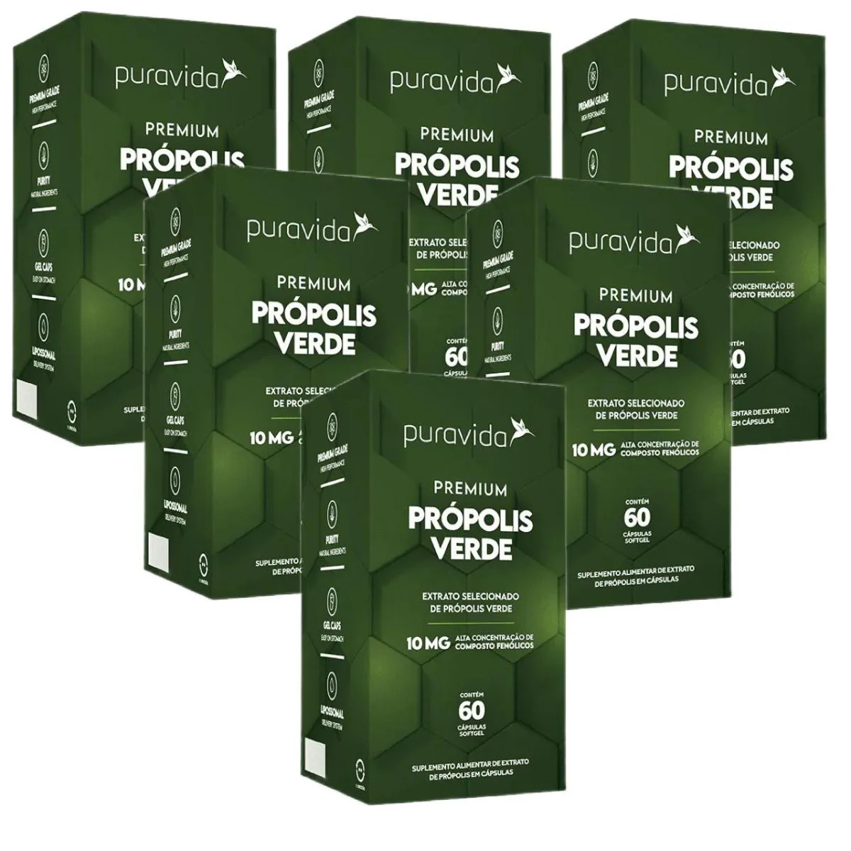 6x Própolis Verde Pura Vida-10mg Compostos -60 Caps