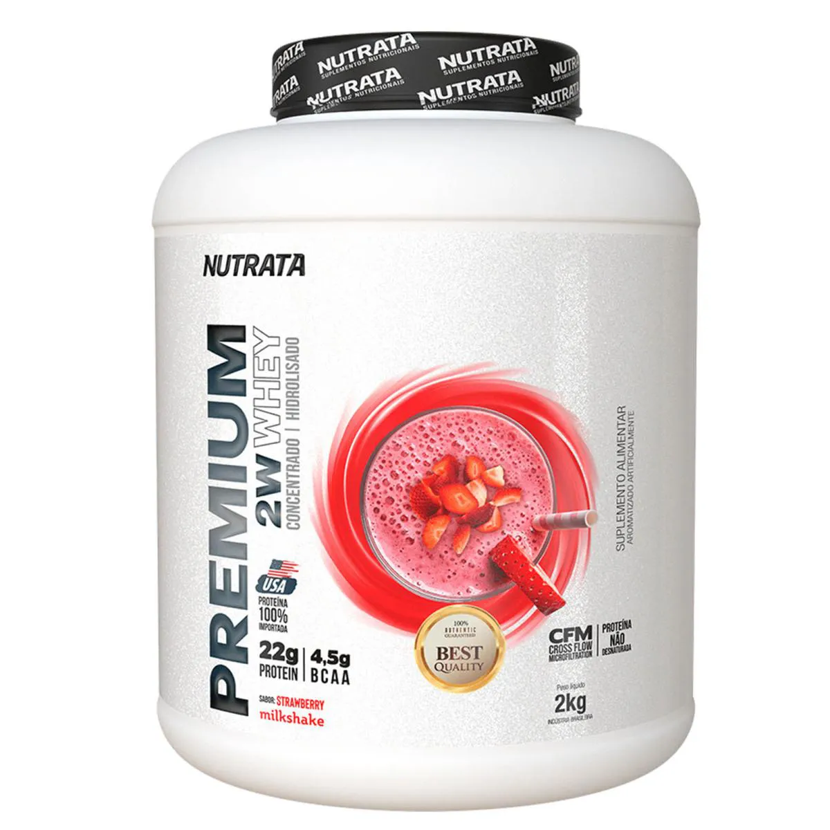 Whey Premium Proteína Concentrado + Hidrolisado Sabor Milkshake de Morango - 2kg - Nutrata