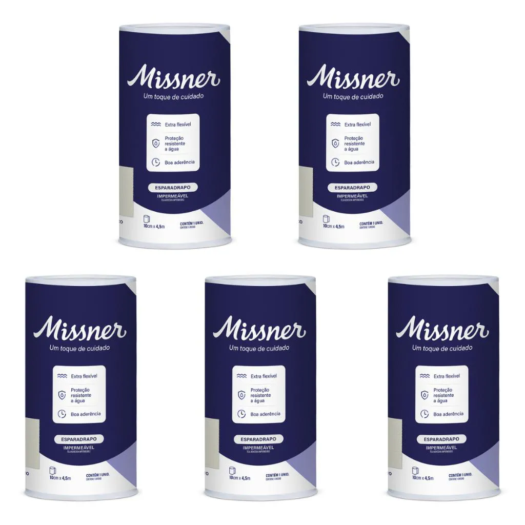 Esparadrapo Impermeável Branco 10cm x 4,5m Missner - Kit com 5 Unidades
