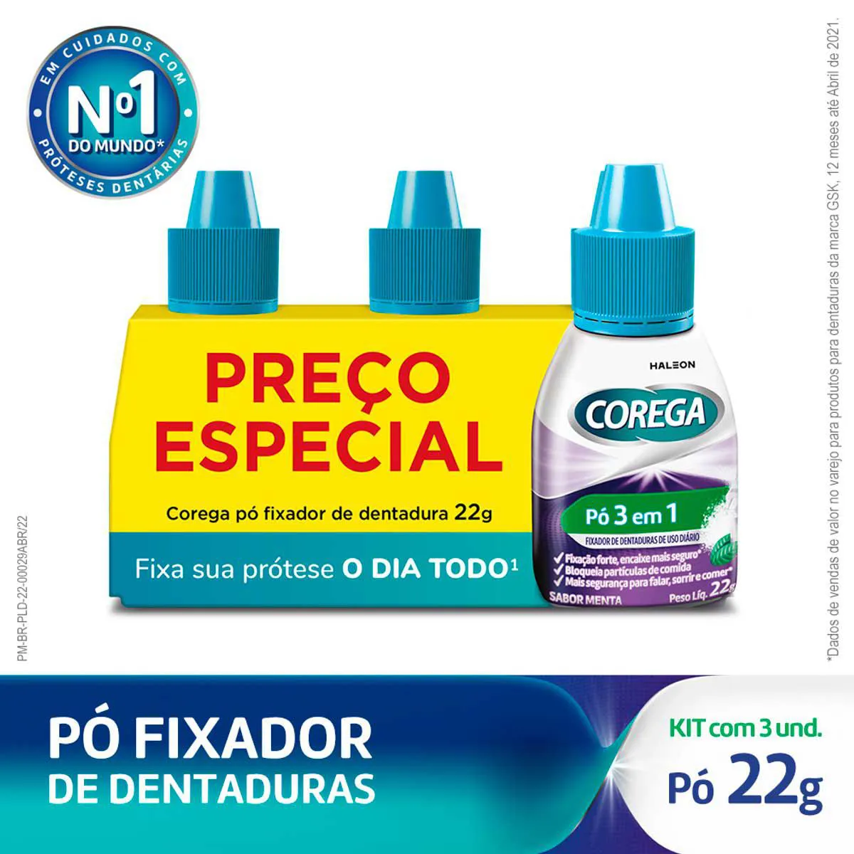 Kit Pó Fixador de Dentadura Corega 3 em 1 22g 3 unidades