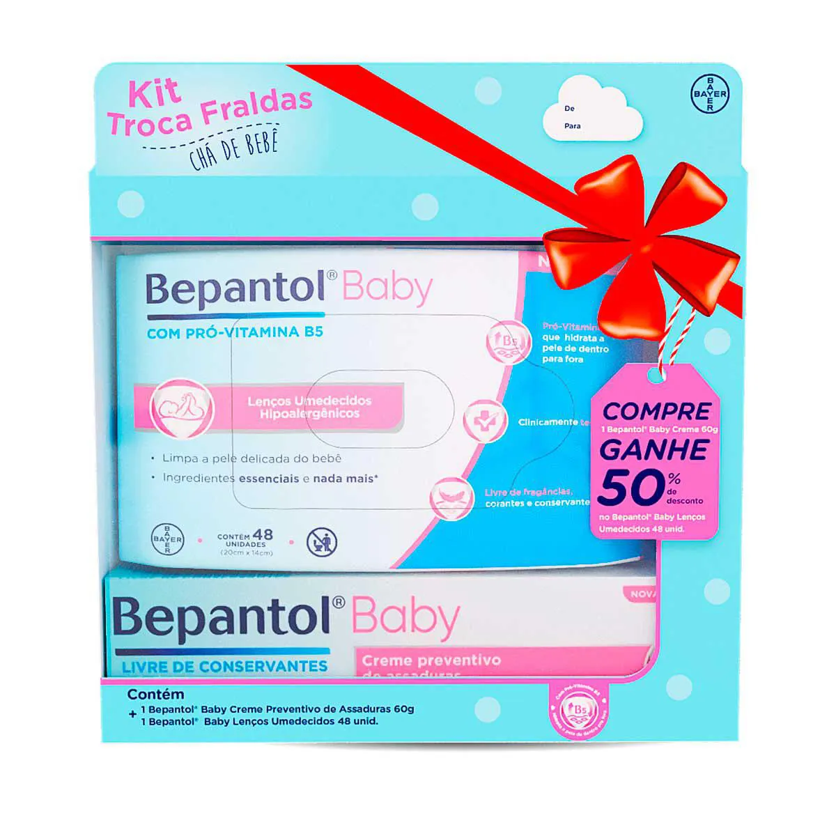 Kit Bepantol Baby Creme para Assaduras Preventivo Sem Fragrância 60g + Lenço Umedecido Hipoalergênico com Pró Vitamina B5 Sem Fragrância 48 unidades