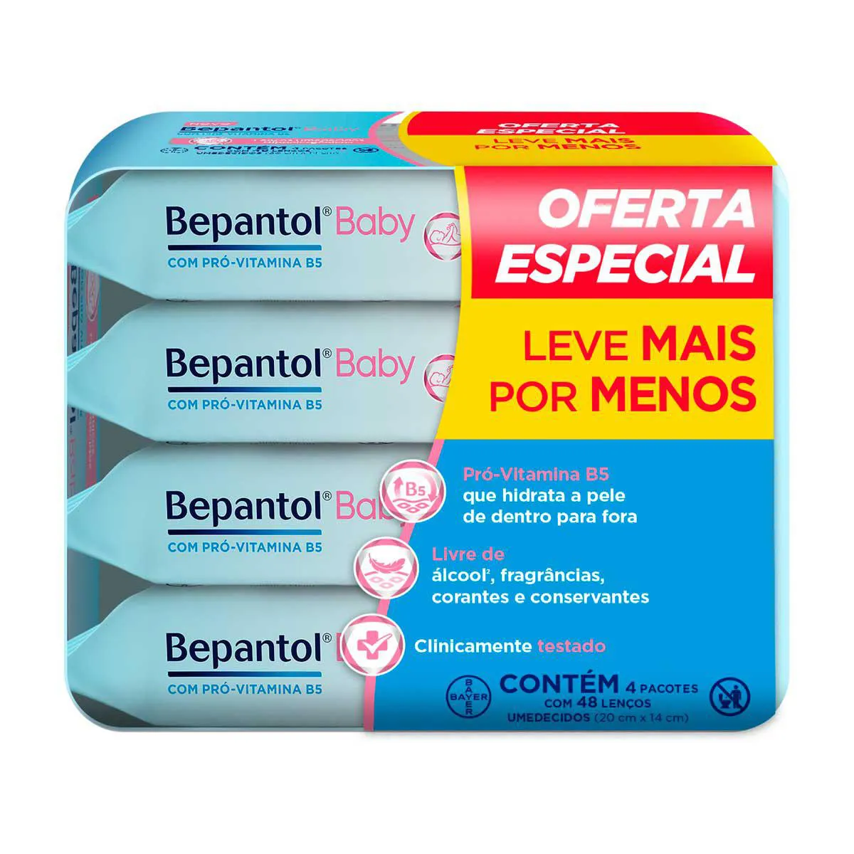 Kit Lenço Umedecido Bepantol Baby Hipoalergênico com Pró Vitamina B5 Sem Fragrância 48 unidades 4 pacotes