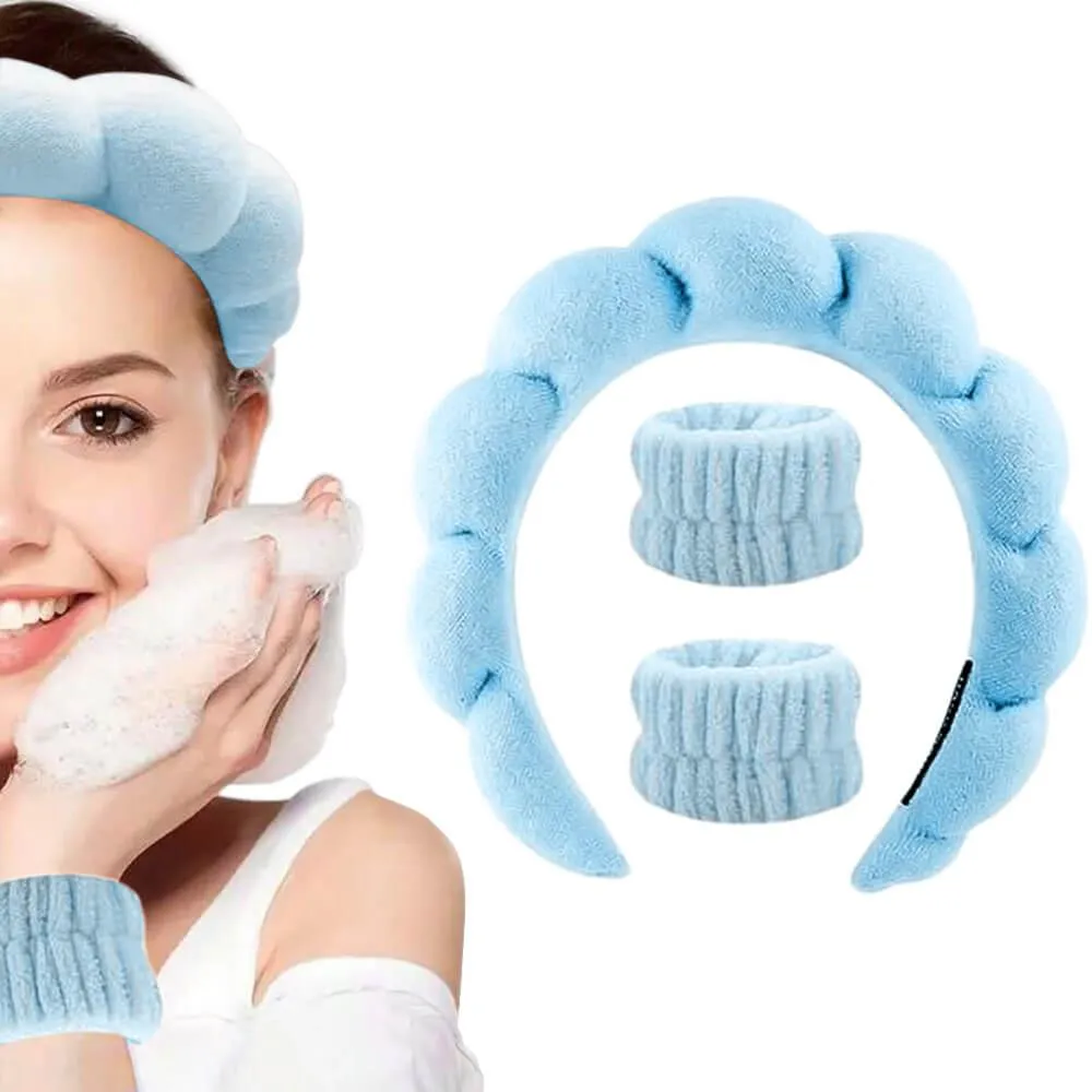 Kit Tiara Nuvem e Pulseiras para Maquiagem e Skincare Azul (3 Peças)
