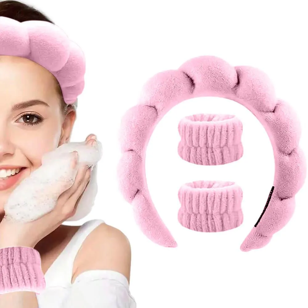 Kit Tiara Nuvem e Pulseiras para Maquiagem e Skincare Rosa (3 Peças)