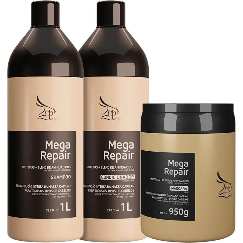 Zap Mega Repair - Kit Reconstrução Proteínas e Aminoácidos Litro Trio (3 Produtos)