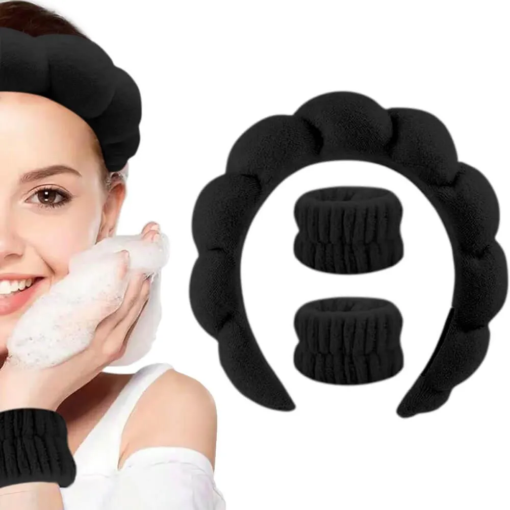 Kit Tiara Nuvem e Pulseiras para Maquiagem e Skincare Preto (3 Peças)