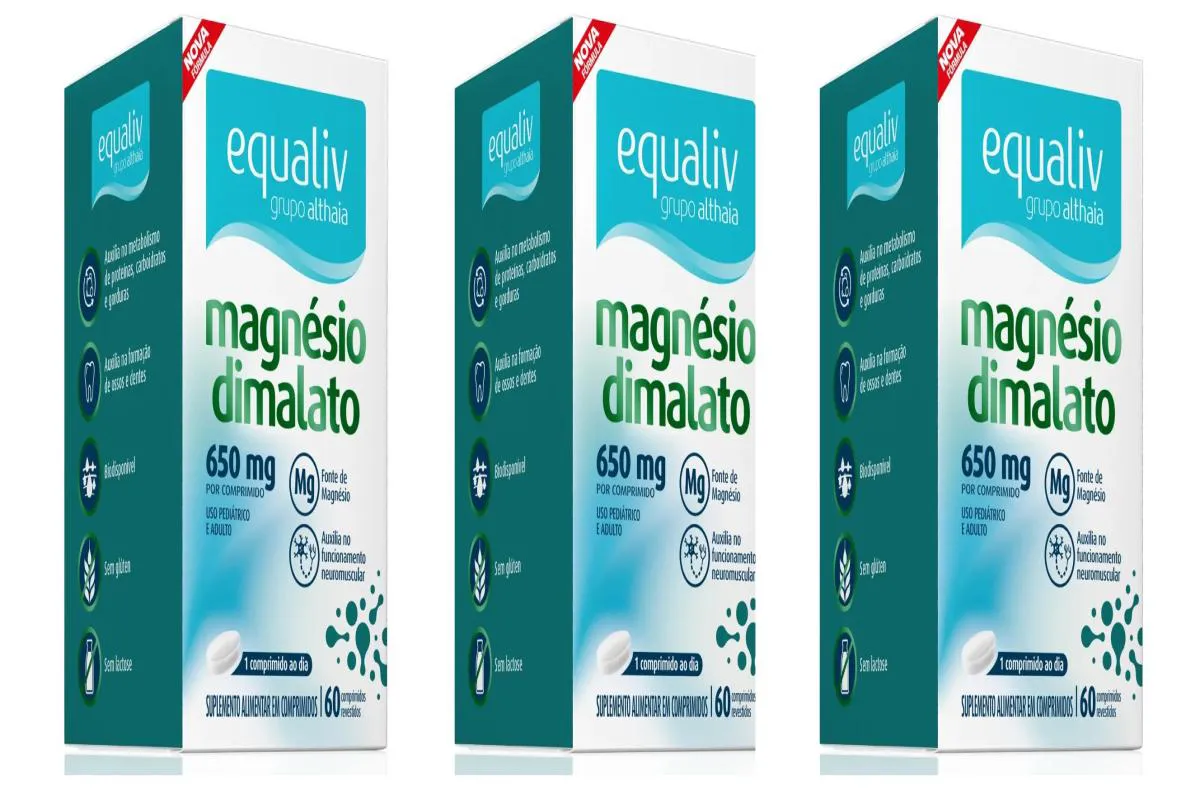 KIT 3 SUPLEMENTO ALIMENTAR EQUALIV MAGNéSIO DIMALATO 60CPS