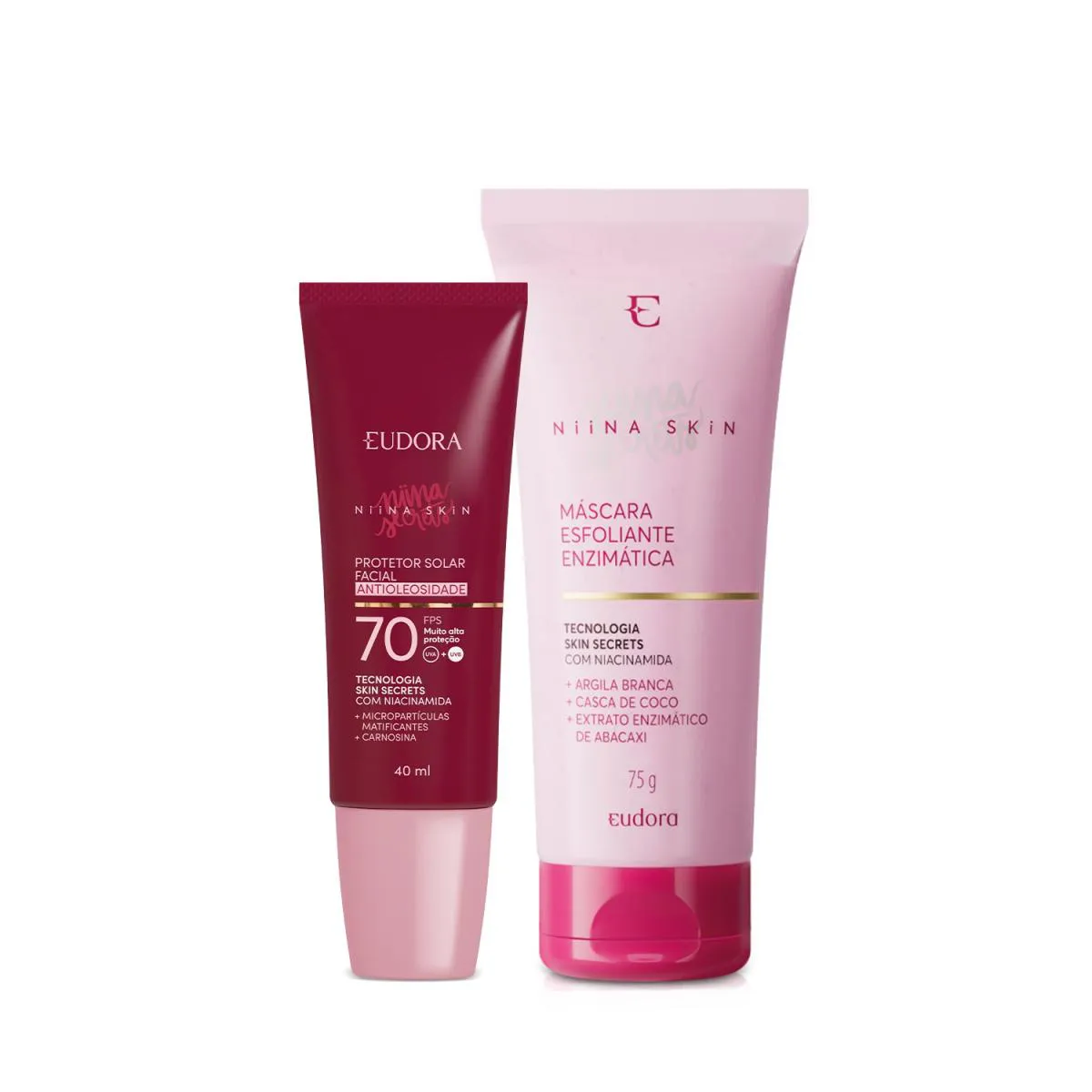 COMBO NIINA SECRETS SKIN: MáSCARA ESFOLIANTE ENZIMáTICA 75G + PROTETOR SOLAR FACIAL ANTIOLEOSIDADE FPS 70 40ML