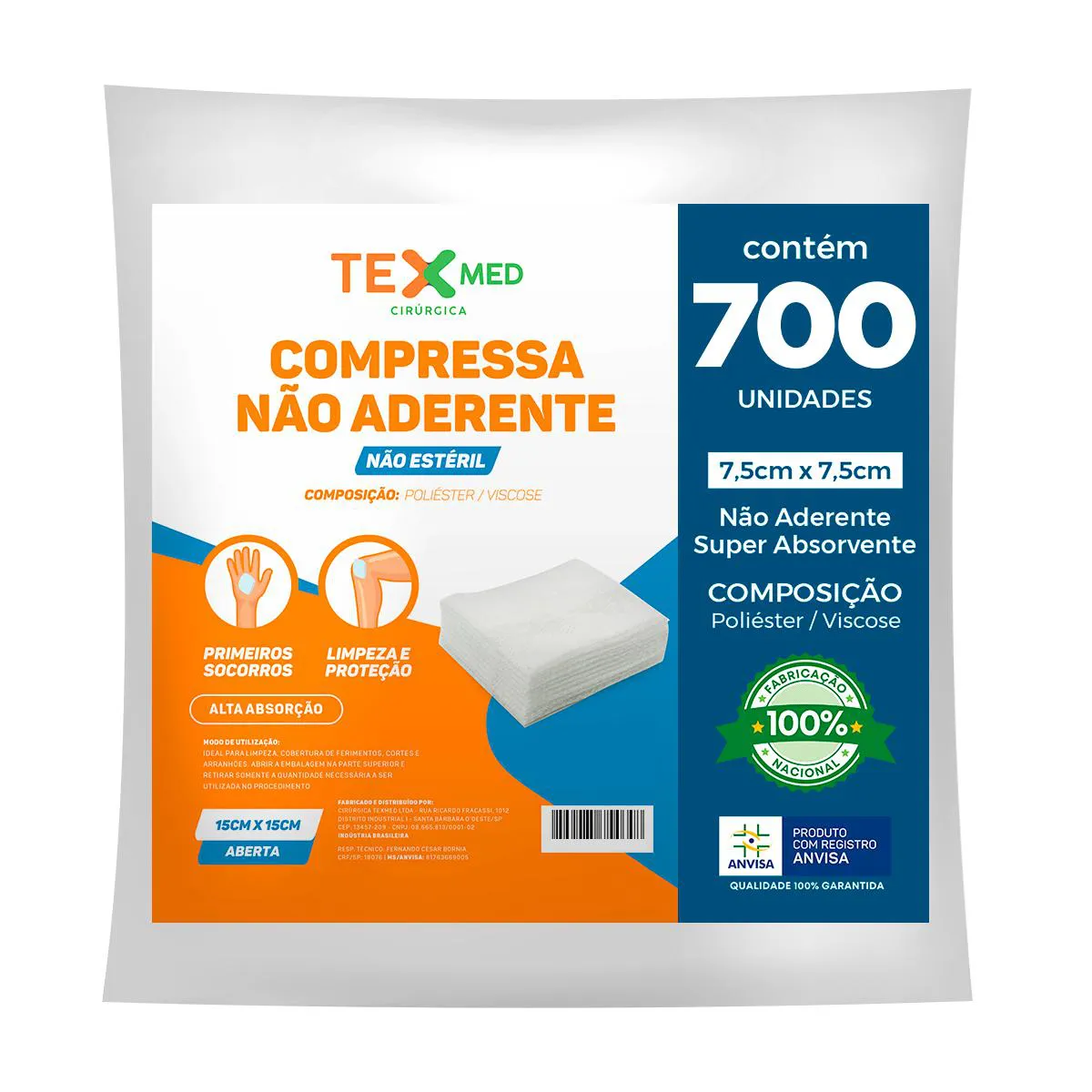 Compressa De Gaze 7,5x7,5cm Não Aderente Pct. 700 Gr