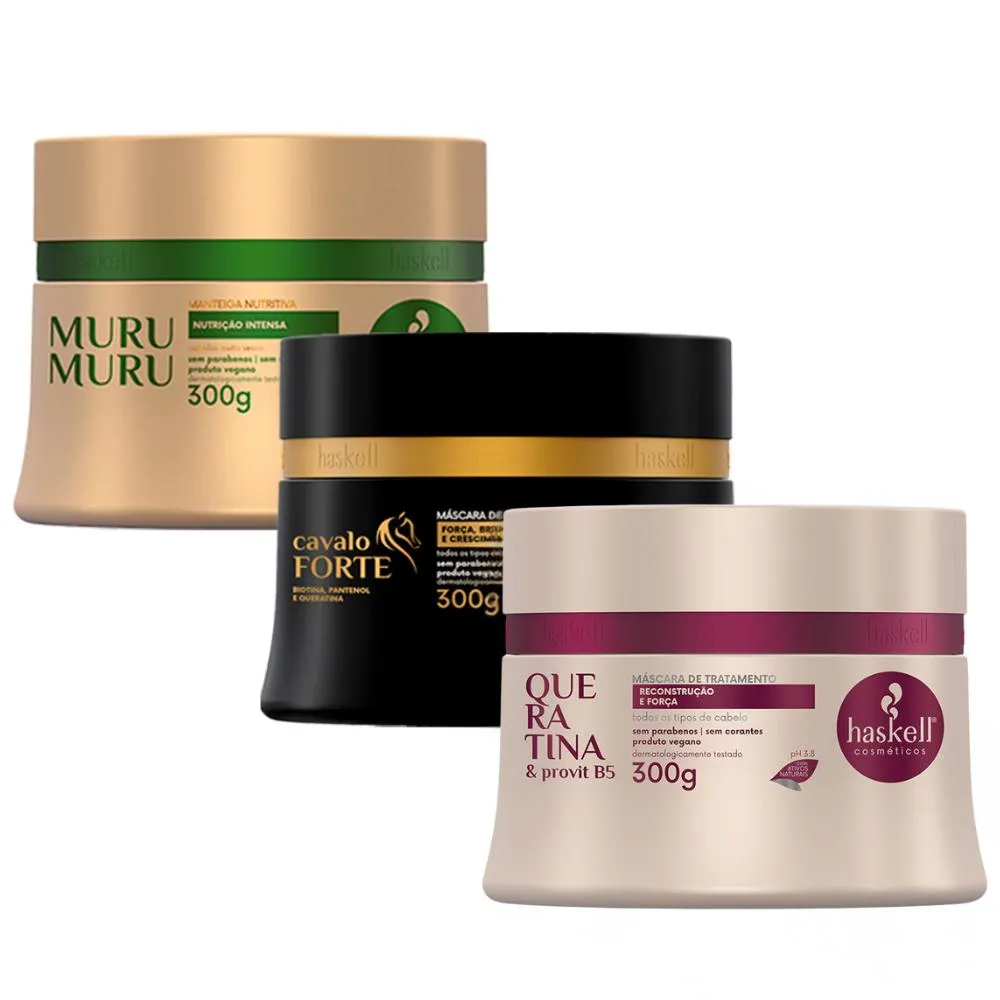 Kit Máscaras Queratina+ Murumuru+ Cavalo Forte Haskell- 300g