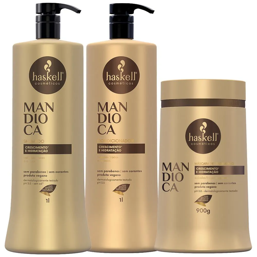 Kit Mandioca Haskell Shampoo Condicionador 1l Máscara 900G