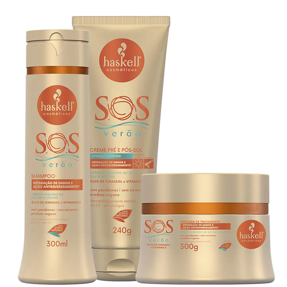 Kit Haskell Sos Verão Shampoo Máscara E Creme Pos Sol 300Ml