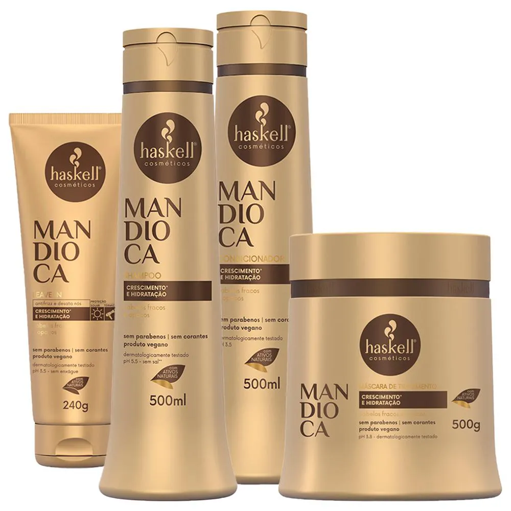 Kit Haskell Mandioca Shampoo Condicionador Mascara 500ml/g Leave-in
