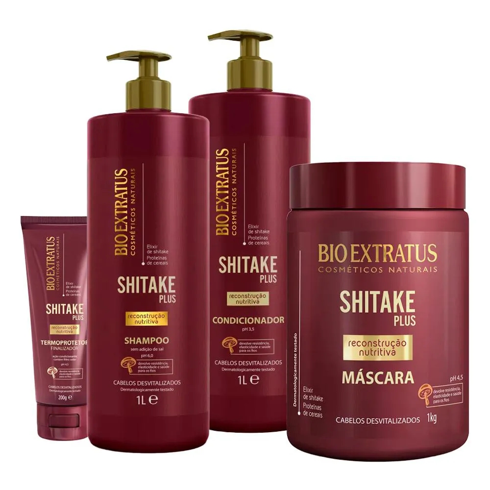 Kit Bio Extratus Shitake Plus Reconstrução Nutritiva Shampoo Condicionador Máscara 1L/Kg Finalizador 200g
