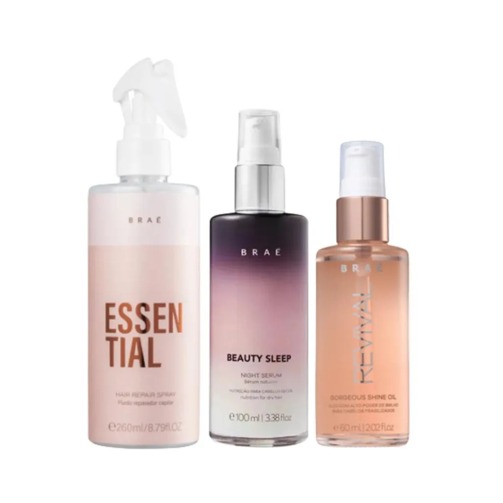 Braé Essential Fluido Reparador + Revival Gorgeous Shine + Beauty Sleep - Sérum Capilar Noturno