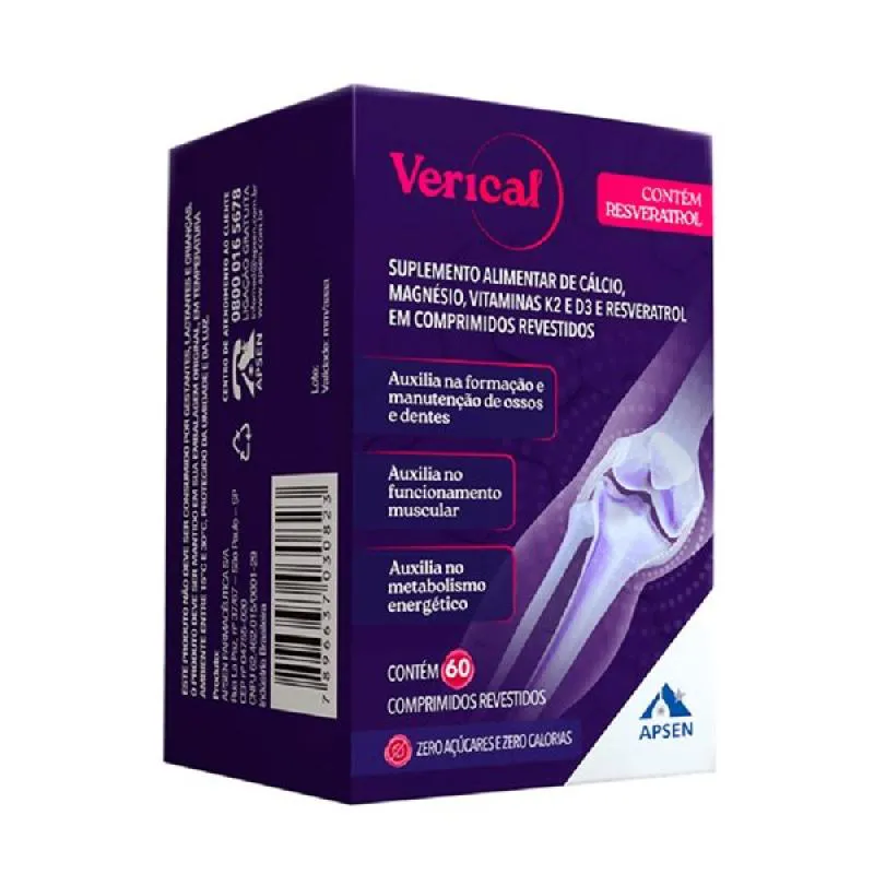 VERICAL C/60 COMPRIMIDOS SUPLEMENTO DE CÁLCIO + RESVERATROL + VITAMINA D + MAGNÉSIO + VITAMINA K2