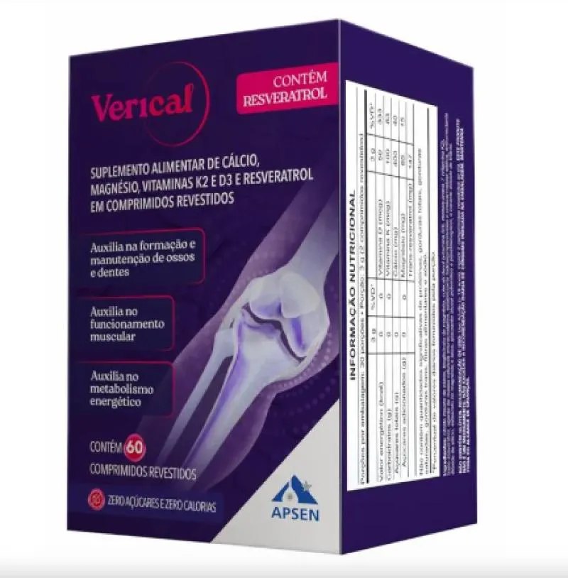 VERICAL RESVERATROL + CÁLCIO + VITAMINA D3 + VITAMINA K2 + MAGNÉSIO C/60 COMPRIMIDOS