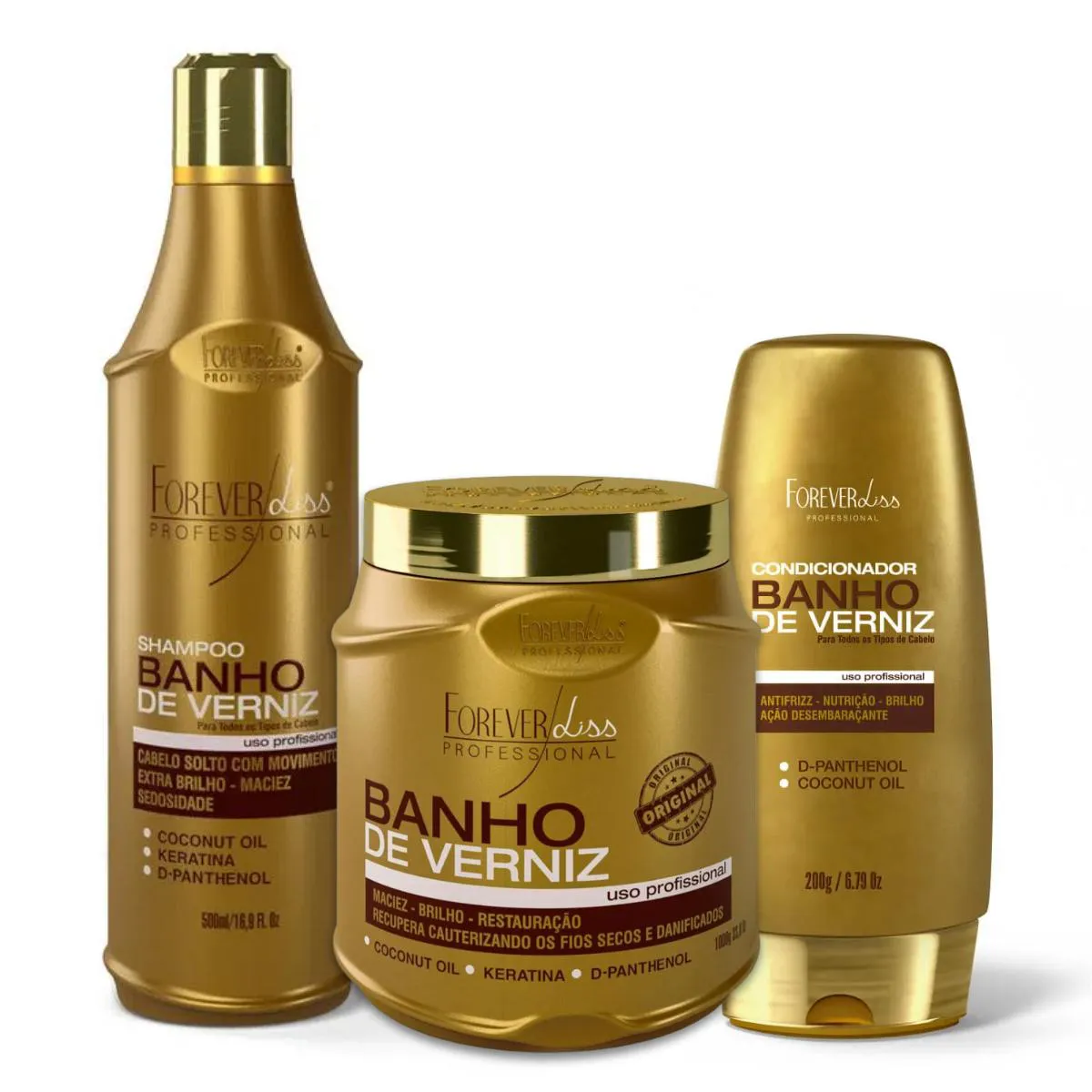 Shampoo Máscara e Condicionador Banho de Verniz Forever Liss