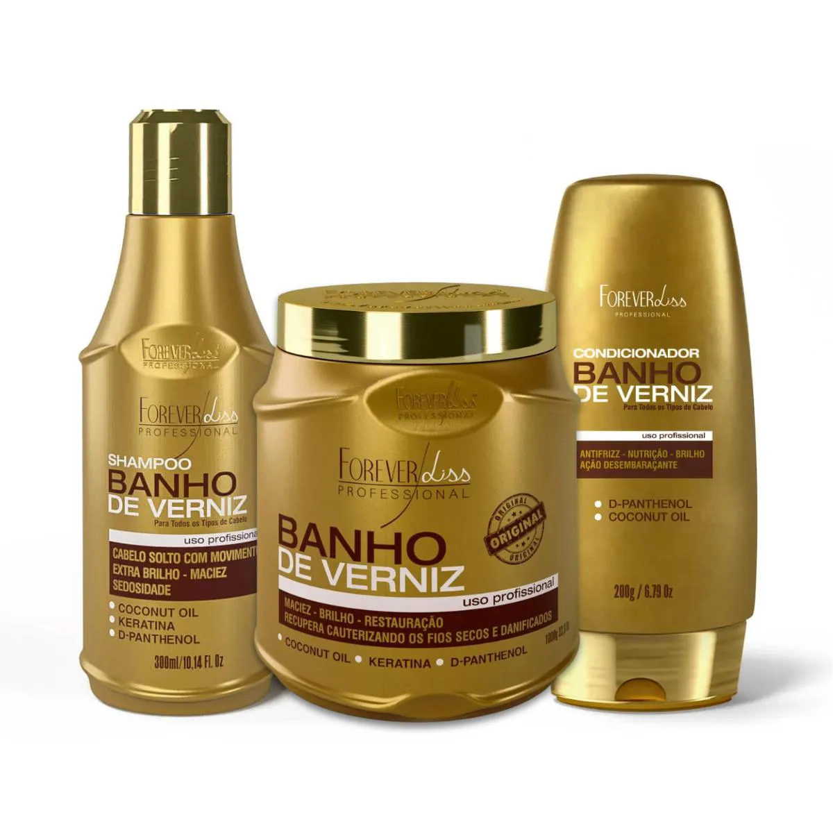 Shampoo Máscara e Condicionador Banho de Verniz Forever Liss