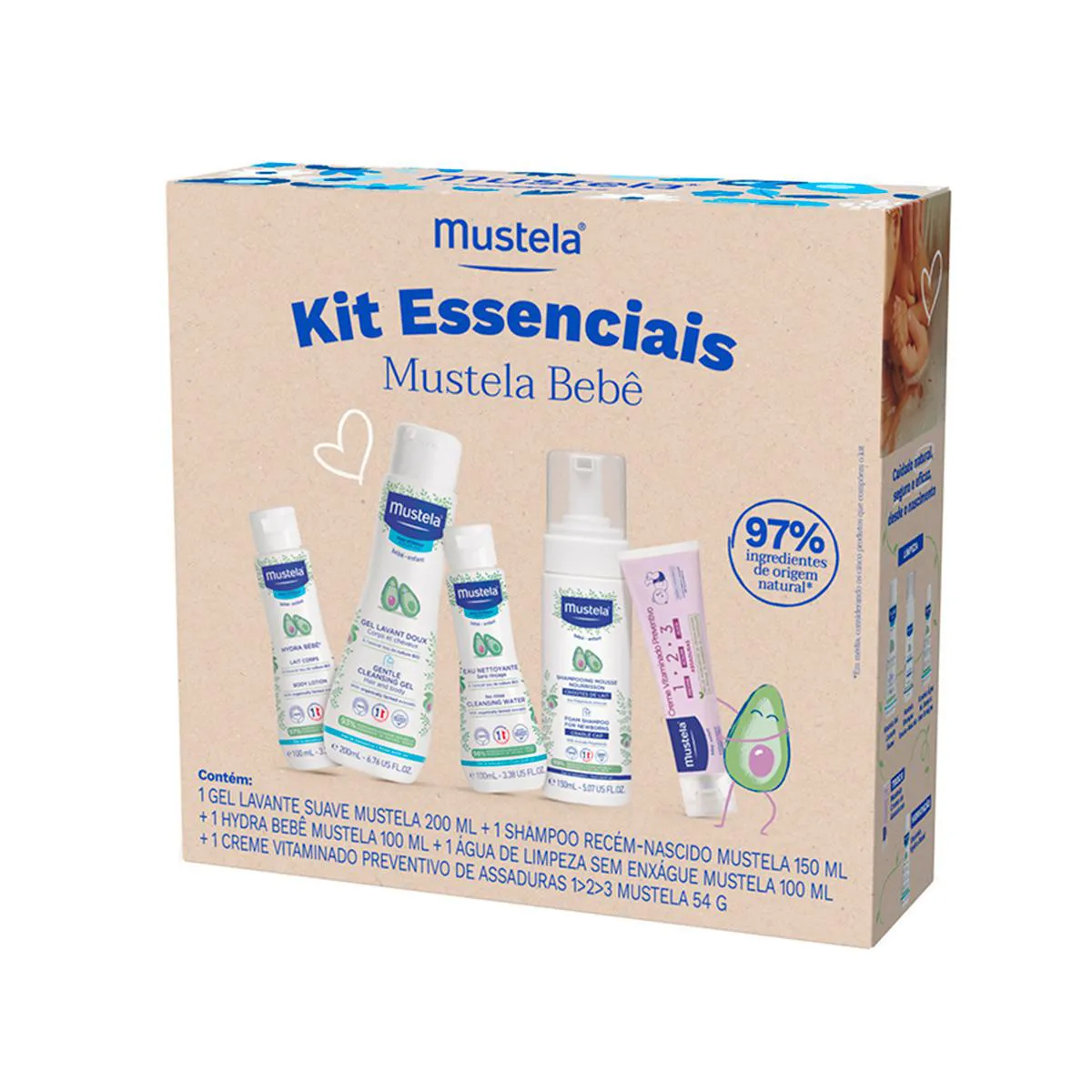 Kit Mustela Bebê Essenciais Gel Lavante 200ml + Shampoo Espuma 150ml + Hydra BB 100ml + Água de Limpeza 100ml + Creme para Assaduras 123 54g