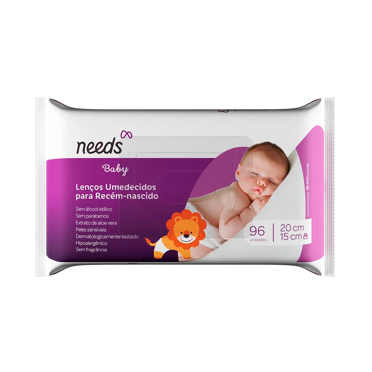 Lenço Umedecido Needs Baby Recém-Nascido Peles Delicadas Aloe Vera Sem Álcool Etílico Sem Fragrância 96 unidades 