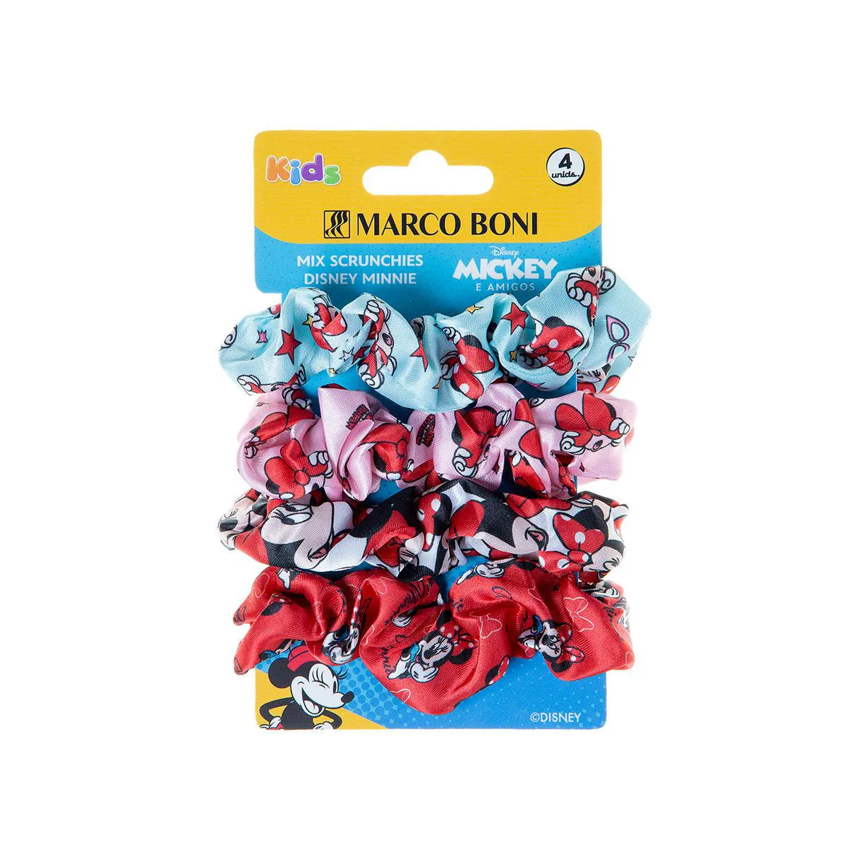 Kit Laço Curto de Cabelo Scrunchie Disney Minnie Marco Boni 4 Unidades