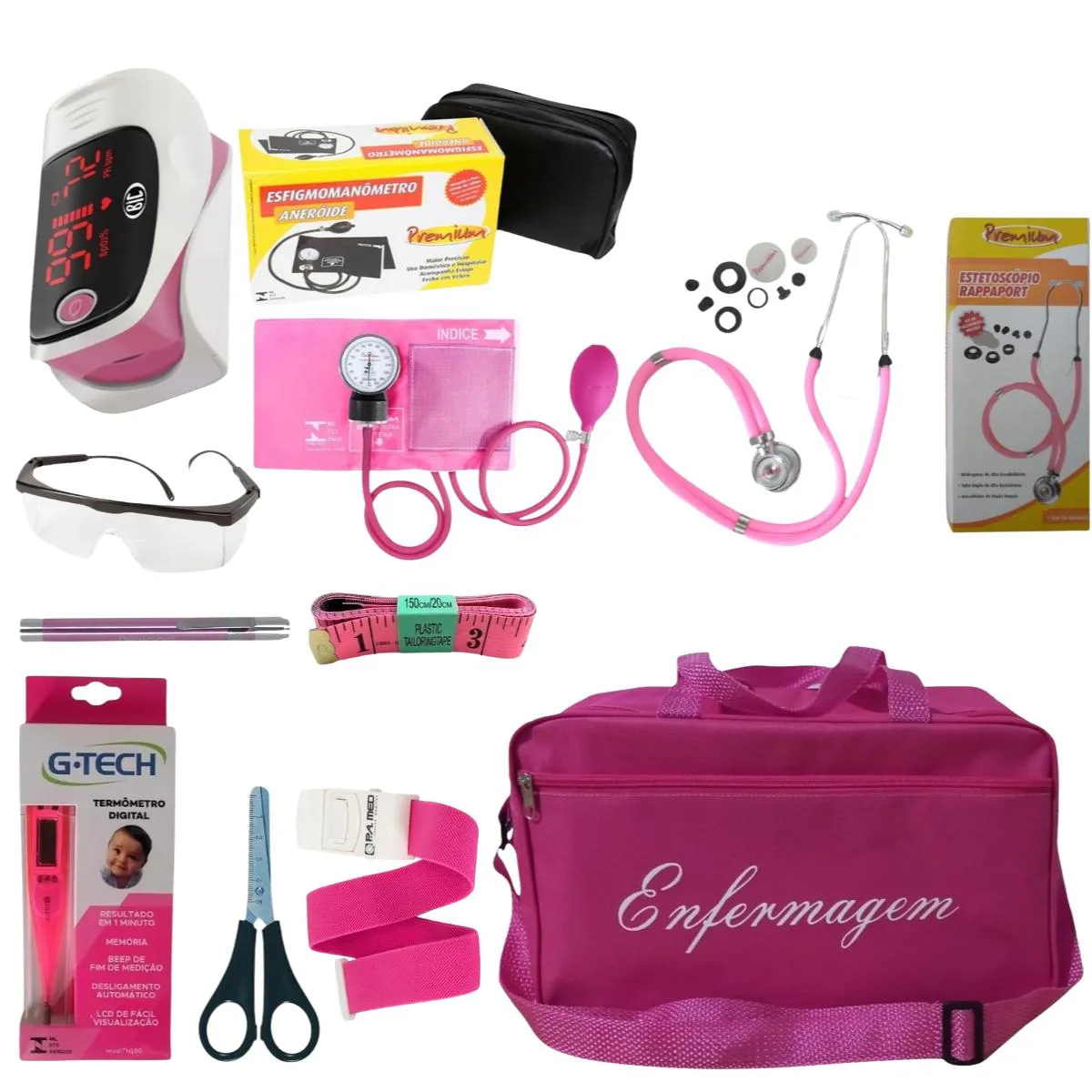 KIT DE ENFERMAGEM COM MEDIDOR DE PRESSÃO BATIMENTOS E BOLSA Rosa