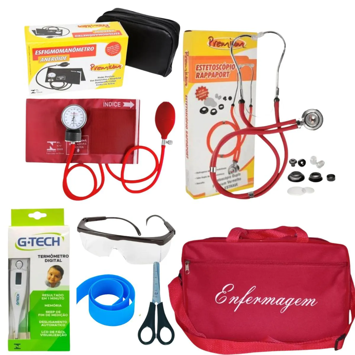 KIT DE ENFERMAGEM COM ESTETO ESFIGMO TERMÔMETRO E BOLSA Vermelho