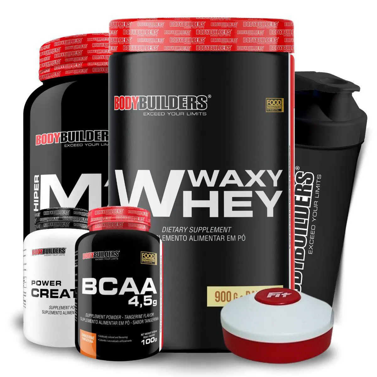 KIT WAXY WHEY 900G + AMAZING MASS 1,5KG + BCAA 100G + POWER CREATINA 100G + COQUETELEIRA + PORTA CAPS - BODYBUILDERS Baunilha