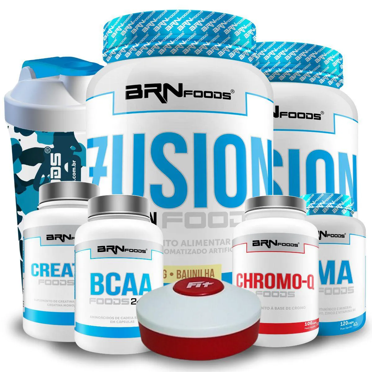 KIT 2X FUSION 2KG + BCAA 2400 200 CáPS + CREATINA 300G + CHROMO Q 100 CáPS + ZMA 100 CáPS + COQ + PORTA CáPS - BRNFOODS Chocolate