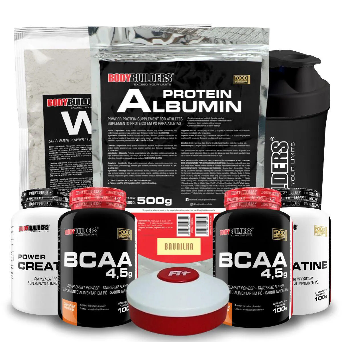 KIT WHEY PROTEIN 500G + ALBUMIN PROTEIN 500G + 2X BCAA 100G + 2X POWER CREATINA 100G + COQ + PORTA CAPS - BODYBUILDERS Baunilha