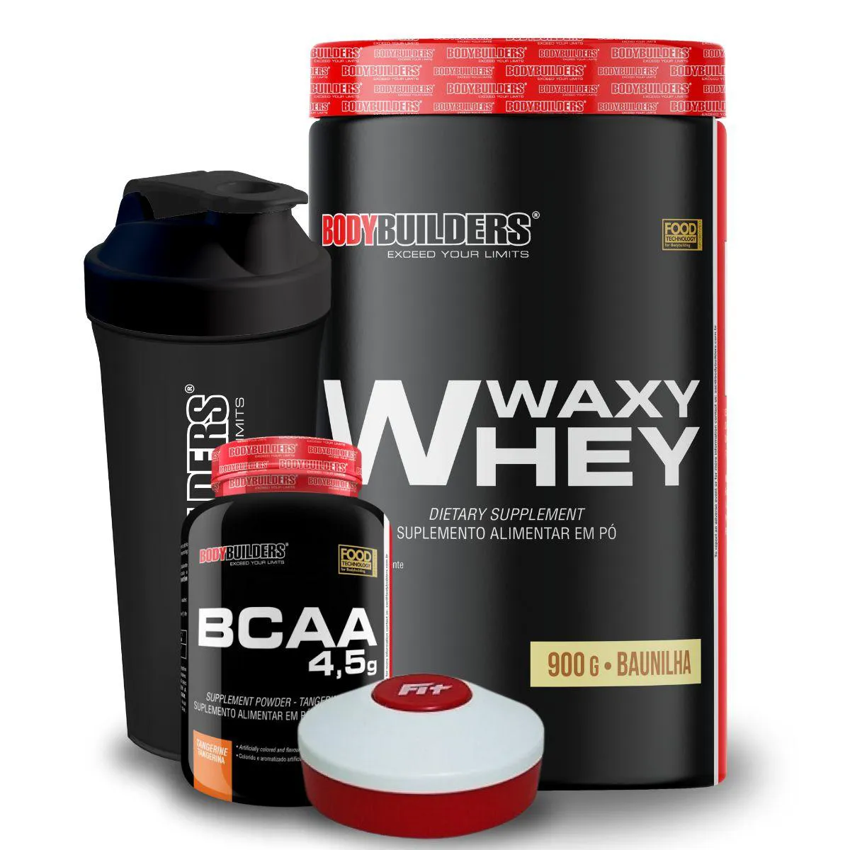 KIT WAXY WHEY 900G + BCAA 4.5 100G + COQUETELEIRA + PORTA CáPS - BODYBUILDERS Baunilha