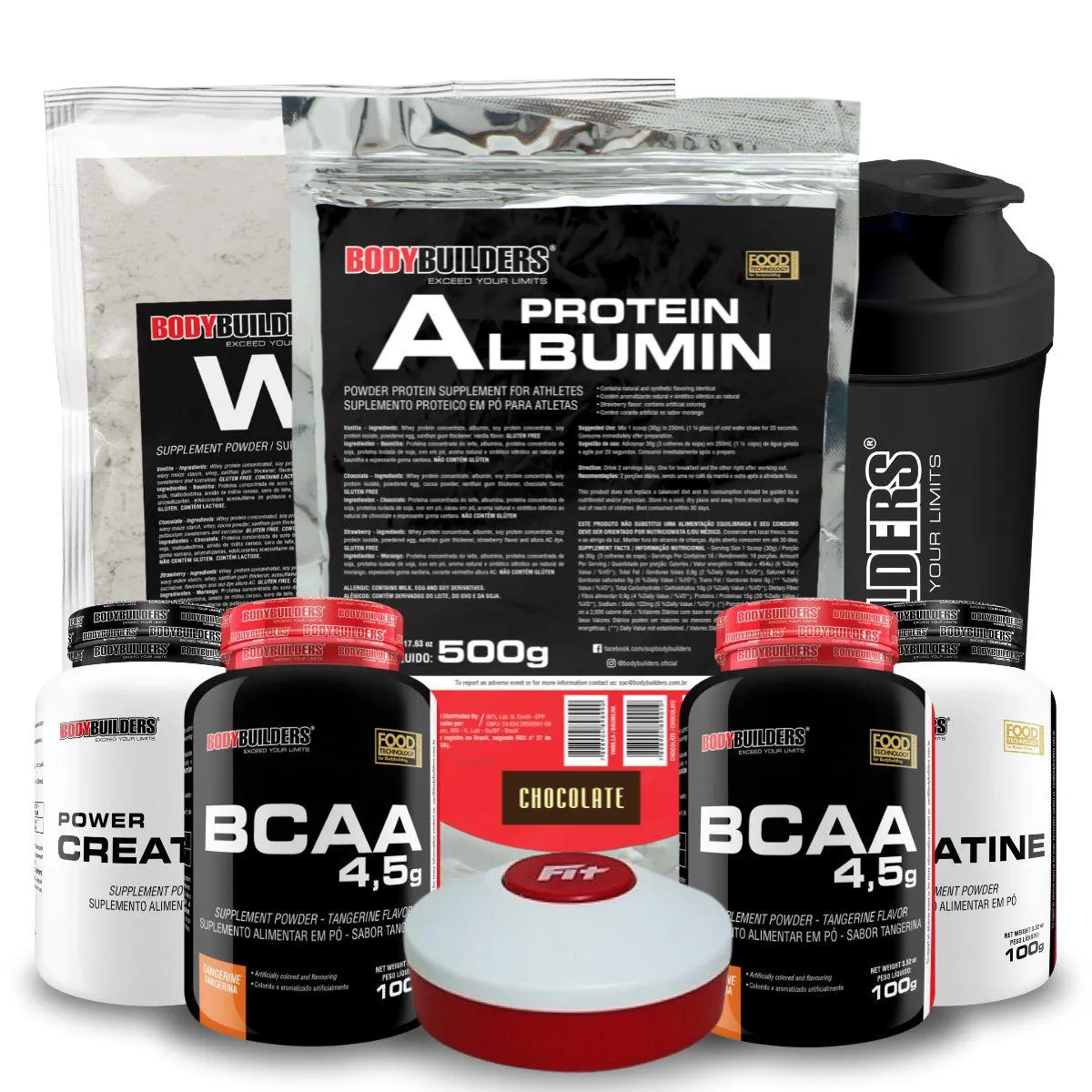KIT WHEY PROTEIN 500G + ALBUMIN PROTEIN 500G + 2X BCAA 100G + 2X POWER CREATINA 100G + COQ + PORTA CAPS - BODYBUILDERS Chocolate