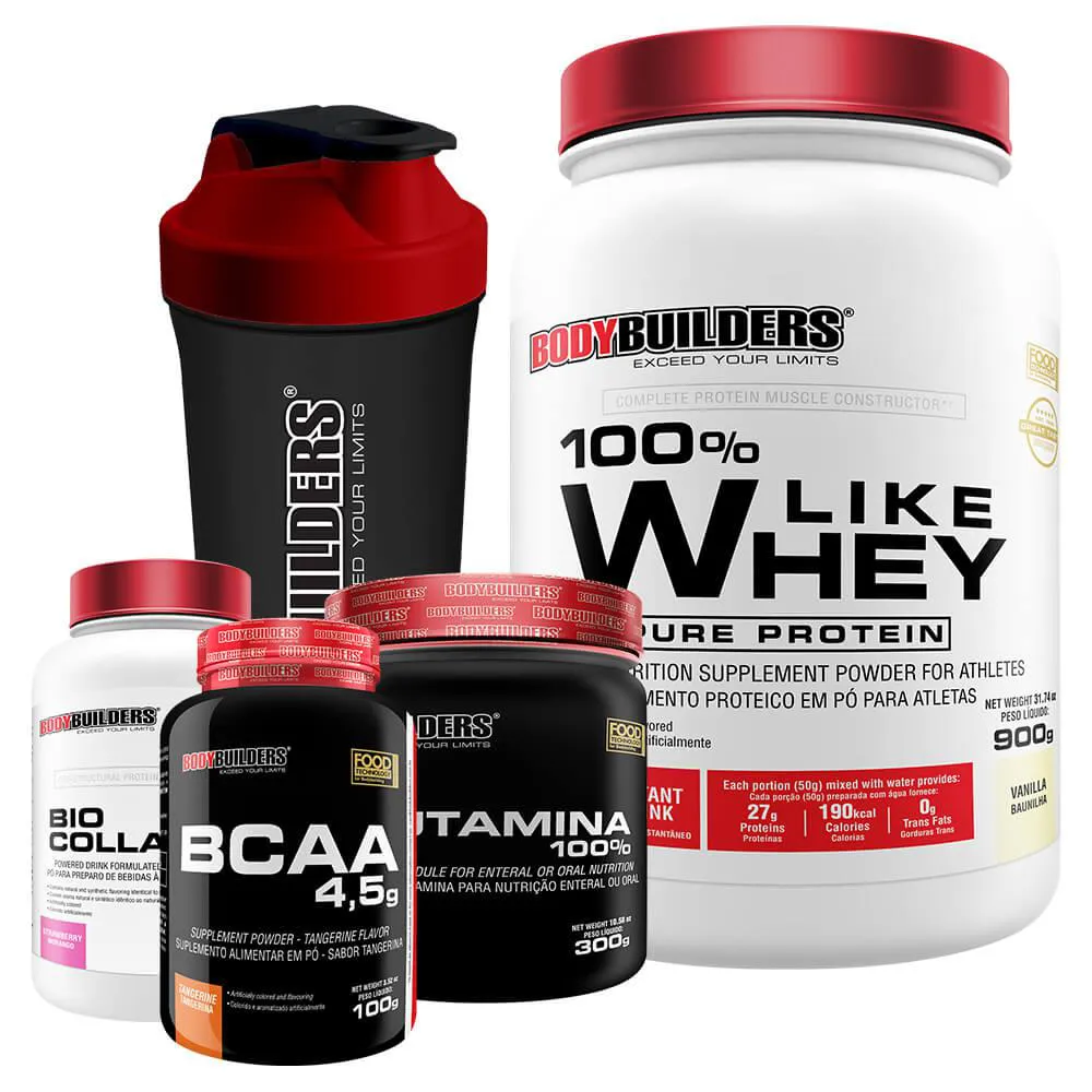 KIT LIKE WHEY 900G + BCAA 100G+ COLAGENO 200G + GLUTAMINA 300G + COQUETELEIRA - BODYBUILDERS  Baunilha