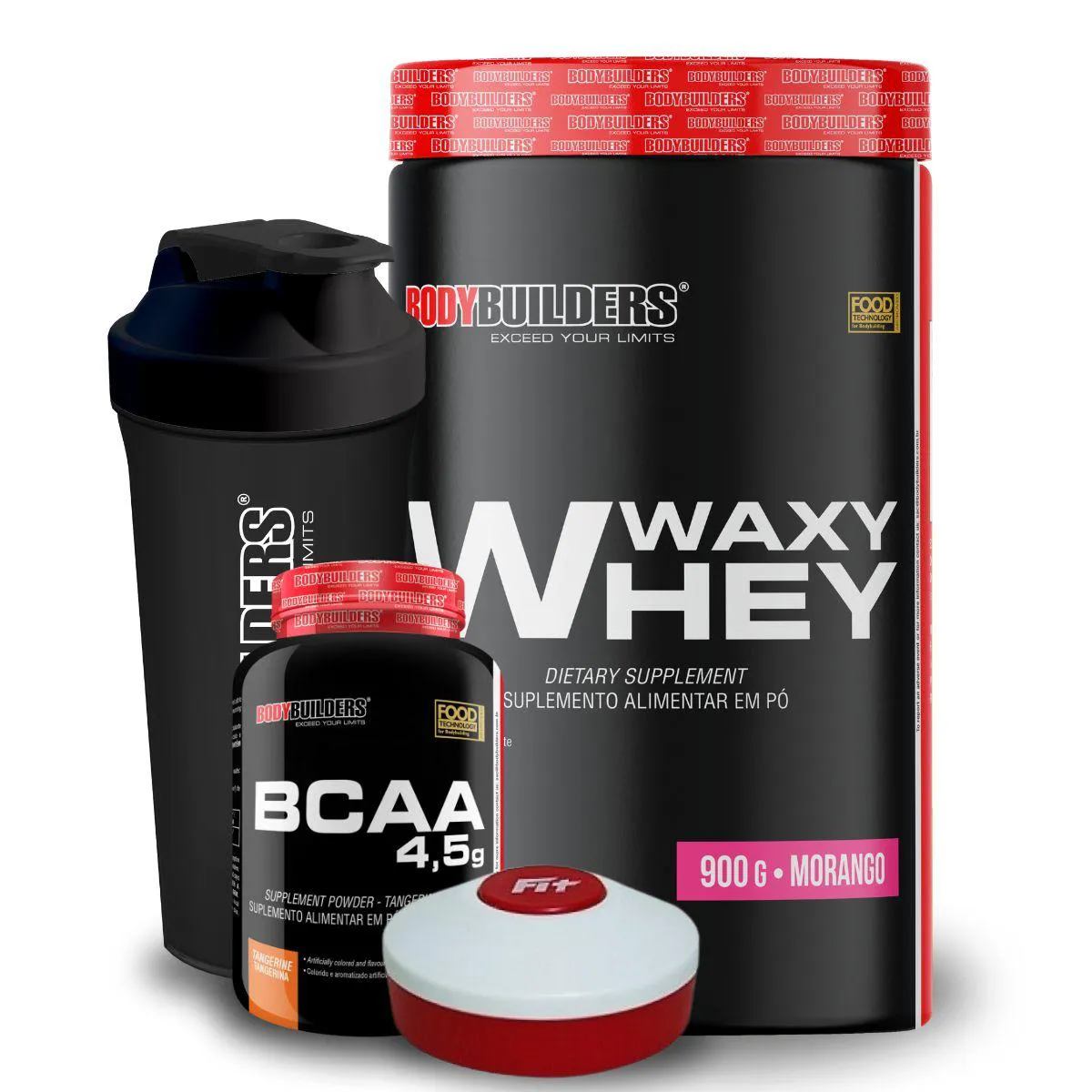 KIT WAXY WHEY 900G + BCAA 4.5 100G + COQUETELEIRA + PORTA CáPS - BODYBUILDERS Morango