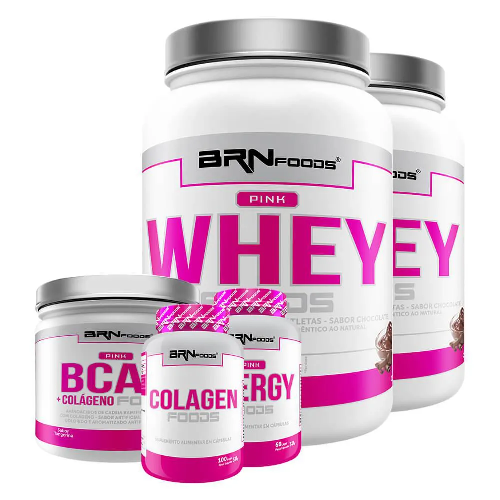 KIT FEMININO: 2X PINK WHEY 900G + PINK BCAA 250G + PINK ENERGY 60CAPS + COLAGEN 100CAPS - BRN FOODS  Chocolate